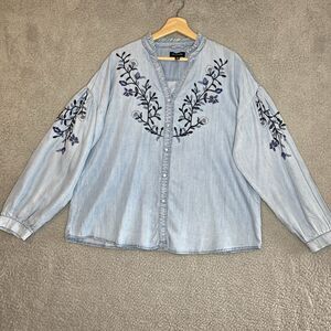 Calligraphie By Anthropologie Chambray Floral Embroidered Button Down Blouse XL